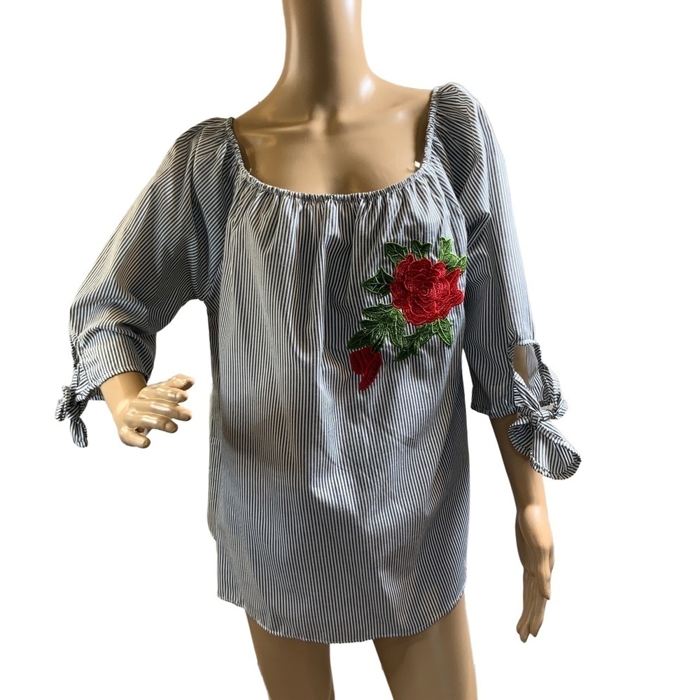 Audrey Lane Blue White Floral Embroidery Striped On/Off Shoulder‎ Blouse 2X